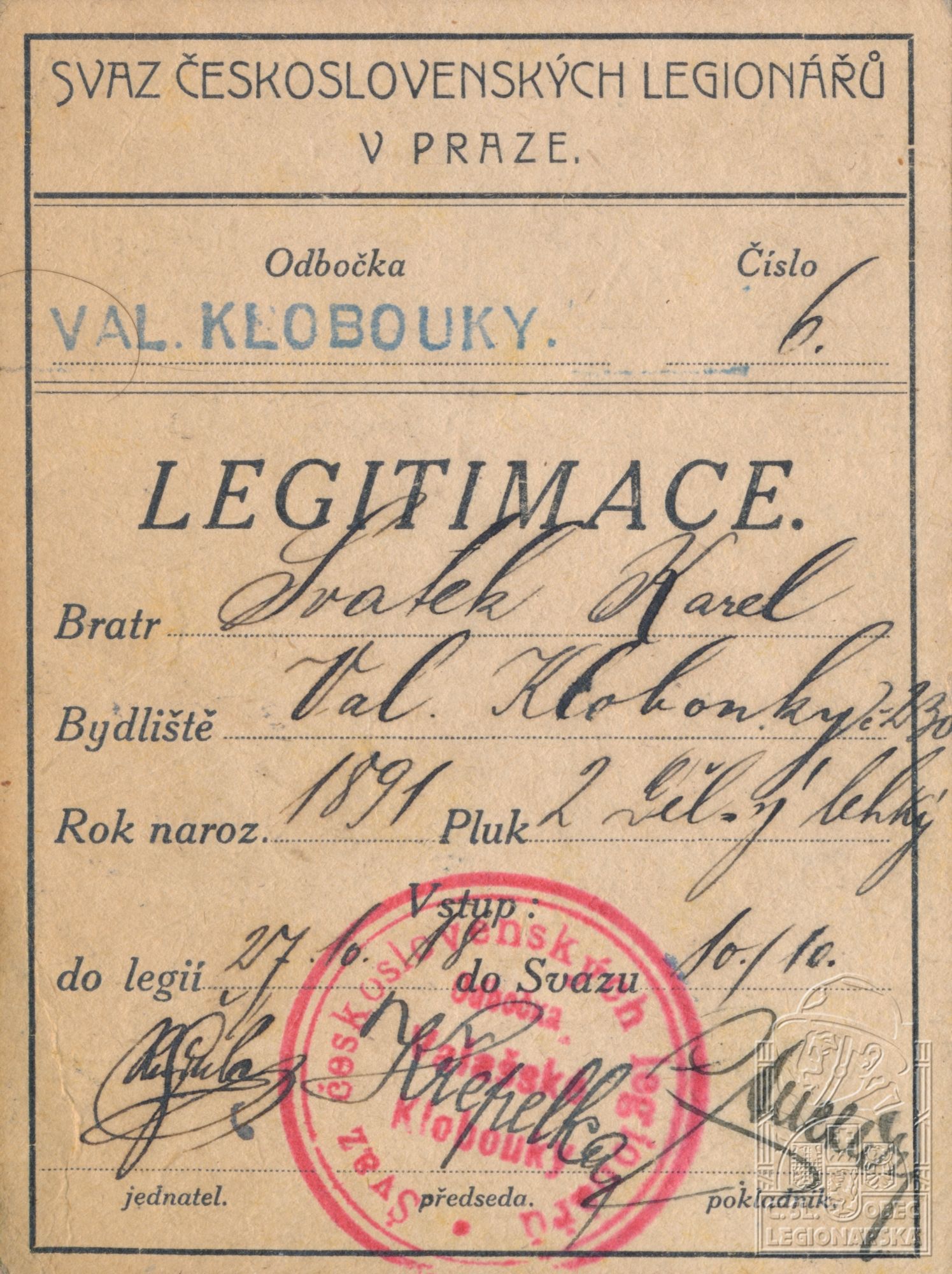 Legitimace Svazu Čs. legionářů v Praze (103384.600)