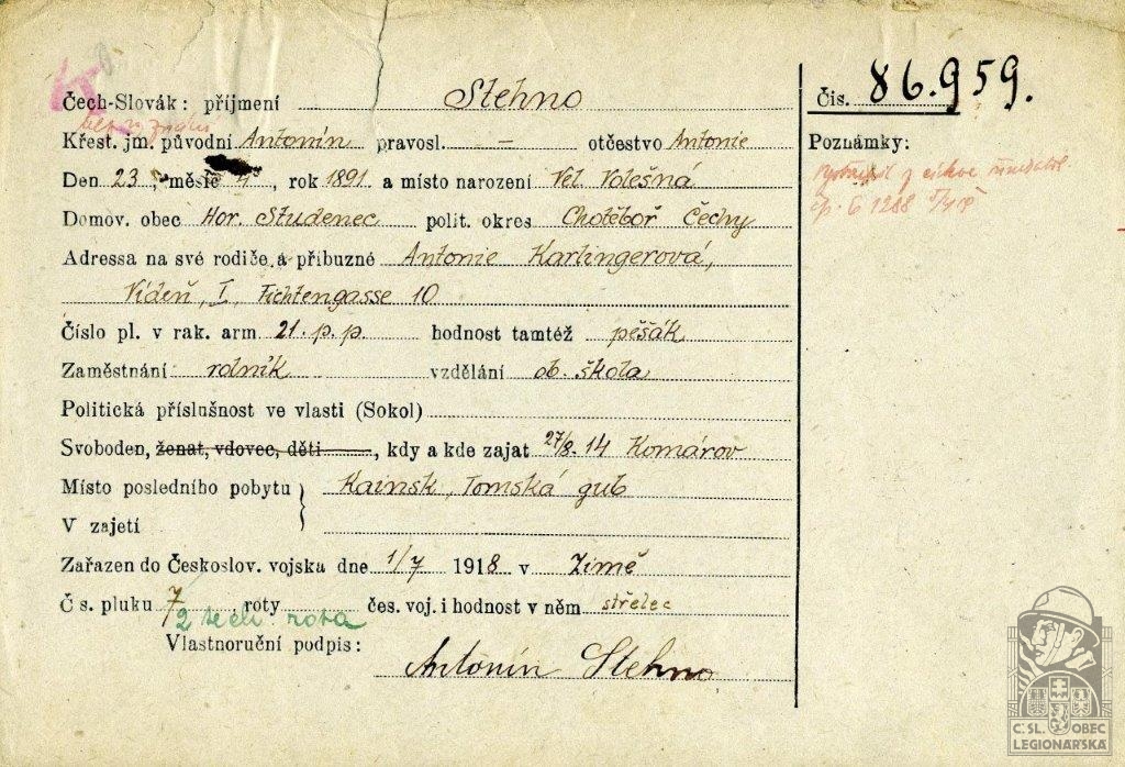 Stehno Antonín karta legináře (103558.02)