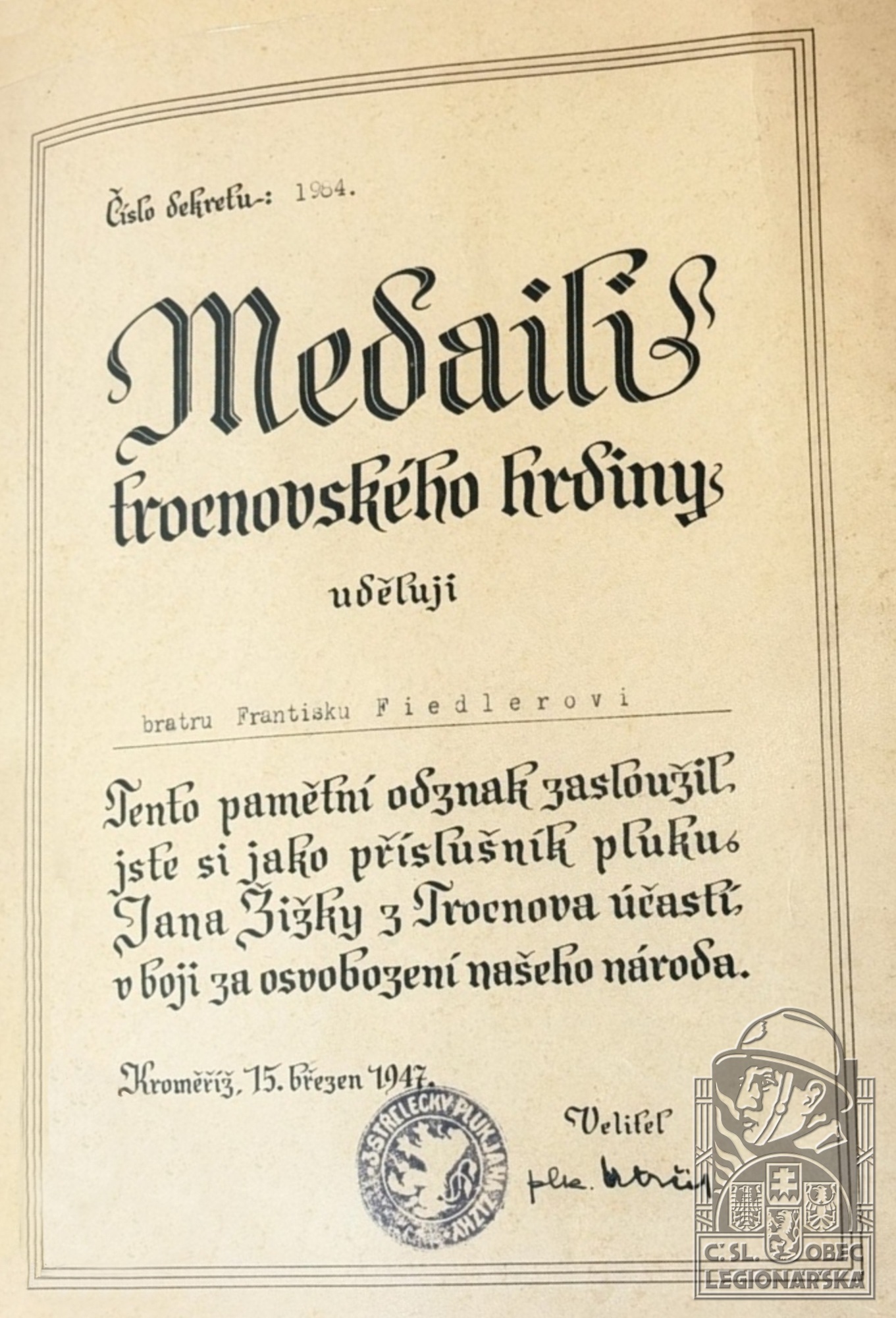 Dekret k Medaili trocnovského hrdiny