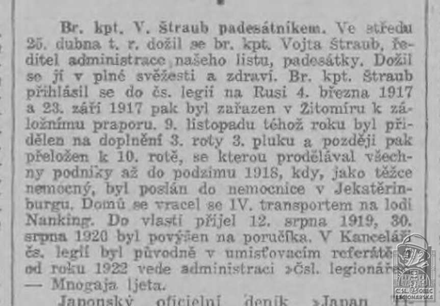 Br. kpt. V Štraub padesátníkem (Československý legionář 27.4.1928)(DSMO) (106508.628)