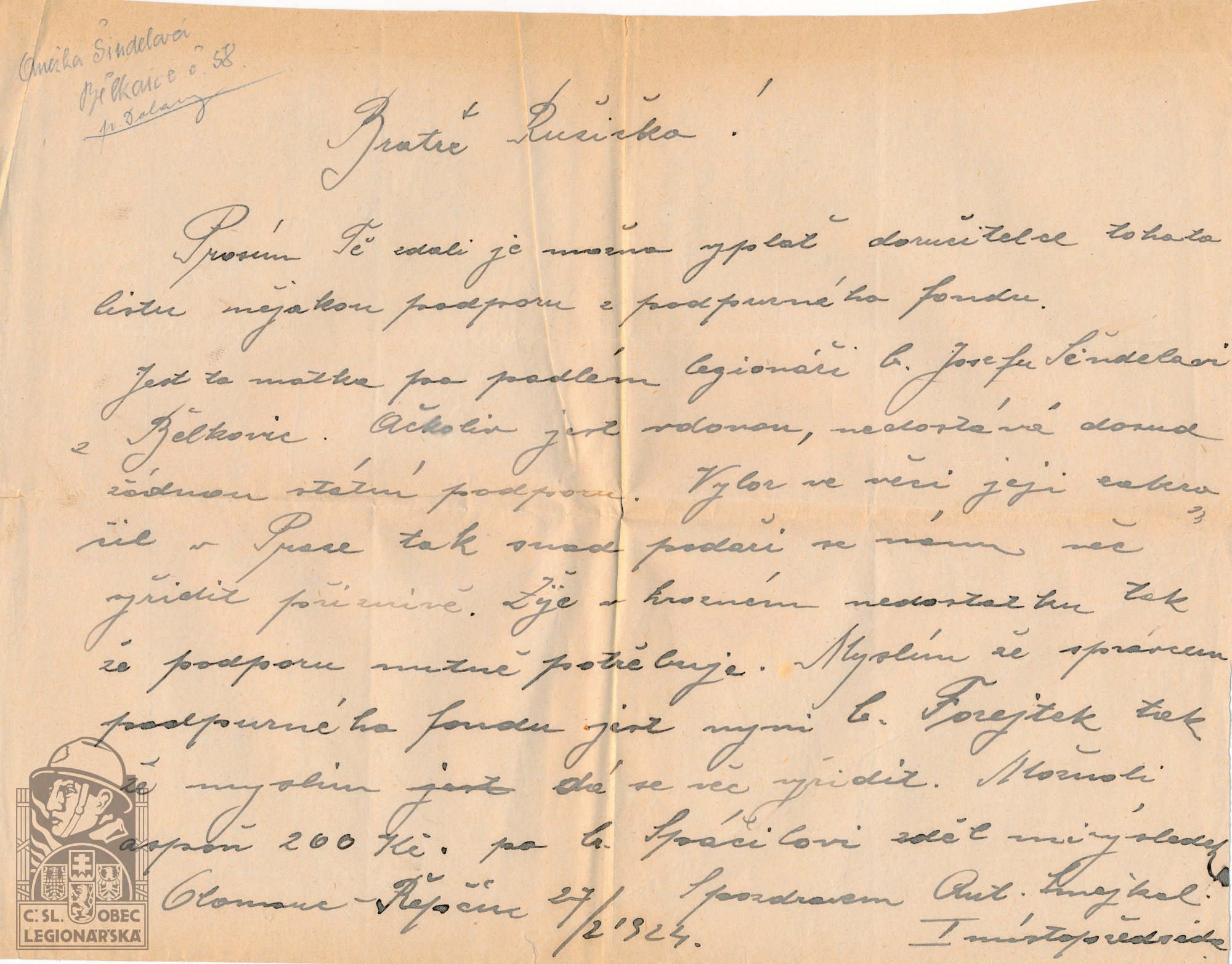 Proplacení podpory matce 1924 (106941.620)