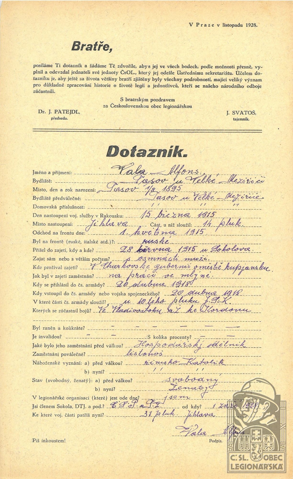 Dotazník ČsOL (Muzeum Velké Meziříčí, fond A9-1) (116564.600)