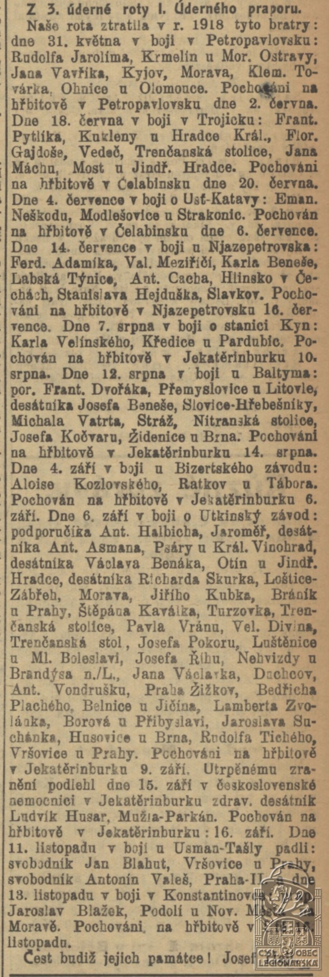 Z našeho vojska - z 3. úderné roty 1. úderného praporu (Československý denník 10.3.1919) (DSMO) (118686.610)