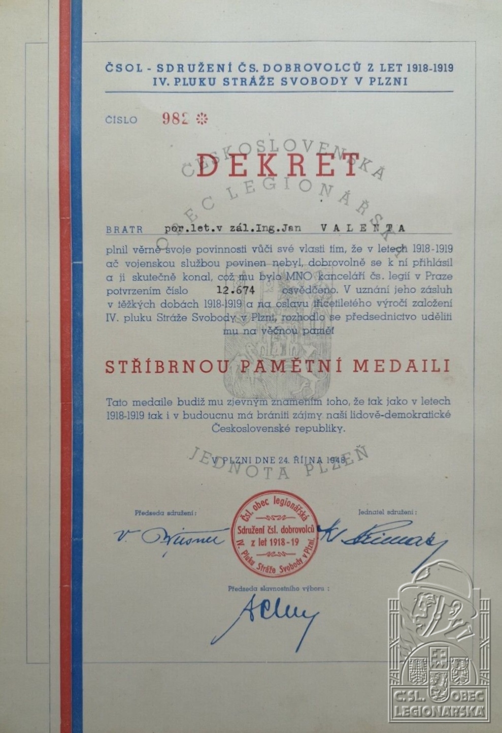 Dekret ke stříbrné pamětní medaili (118878.600)