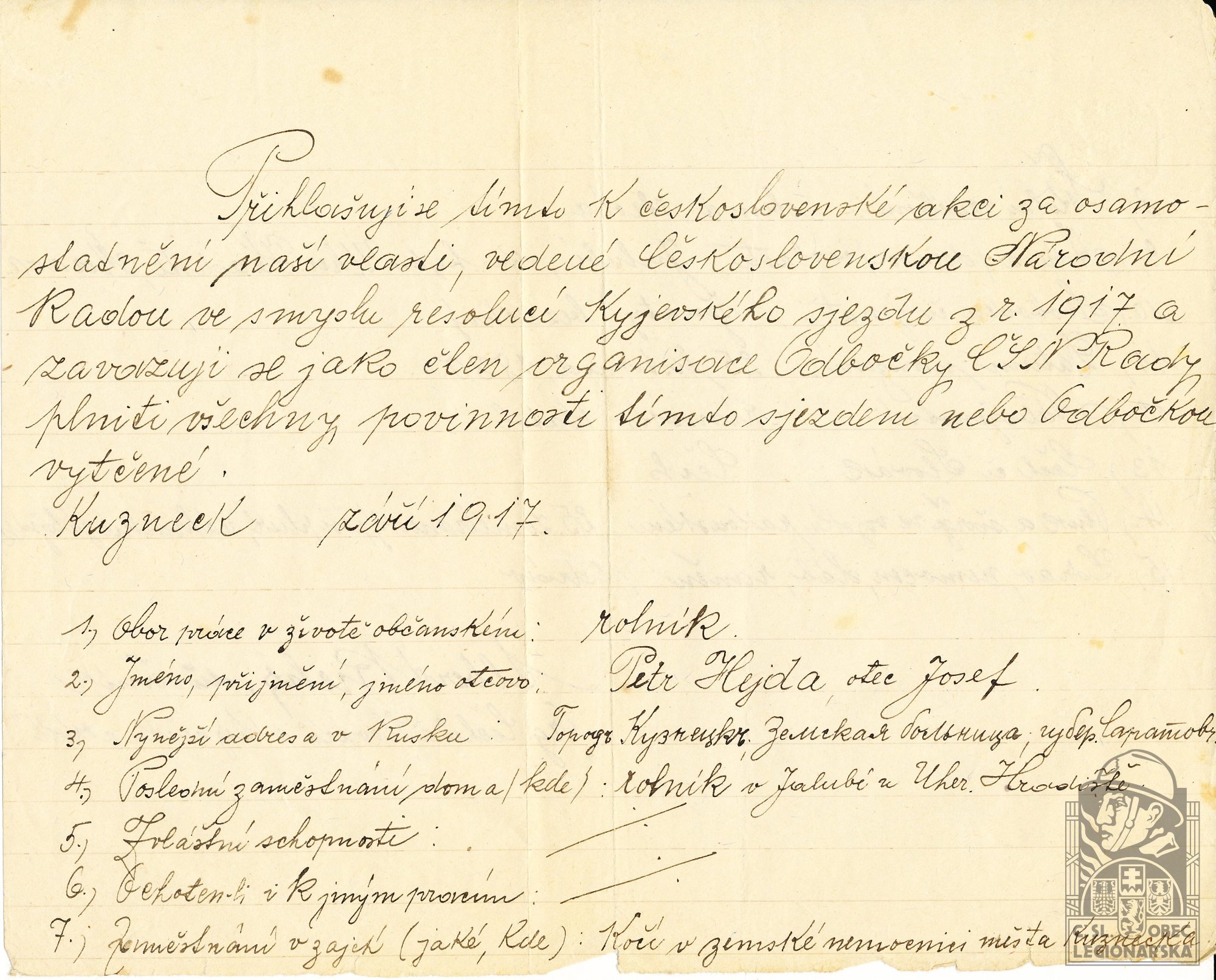 Přihláška Petr Hejda, z pozůstalosti Fr. Vondráčka (125242.600)