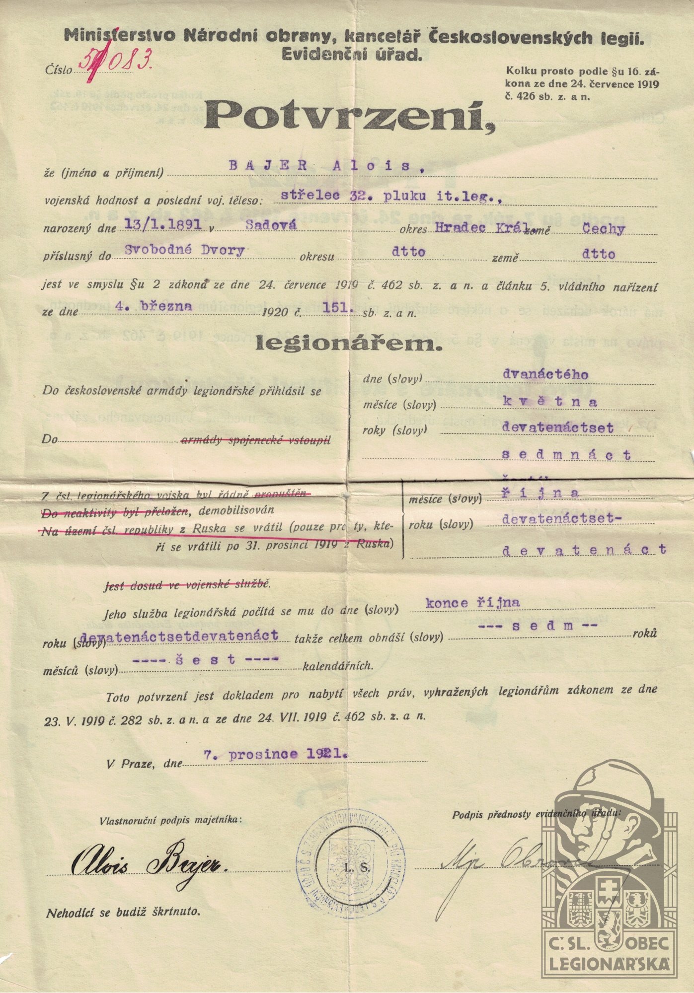 Potvrzení legionáře (12527.600)