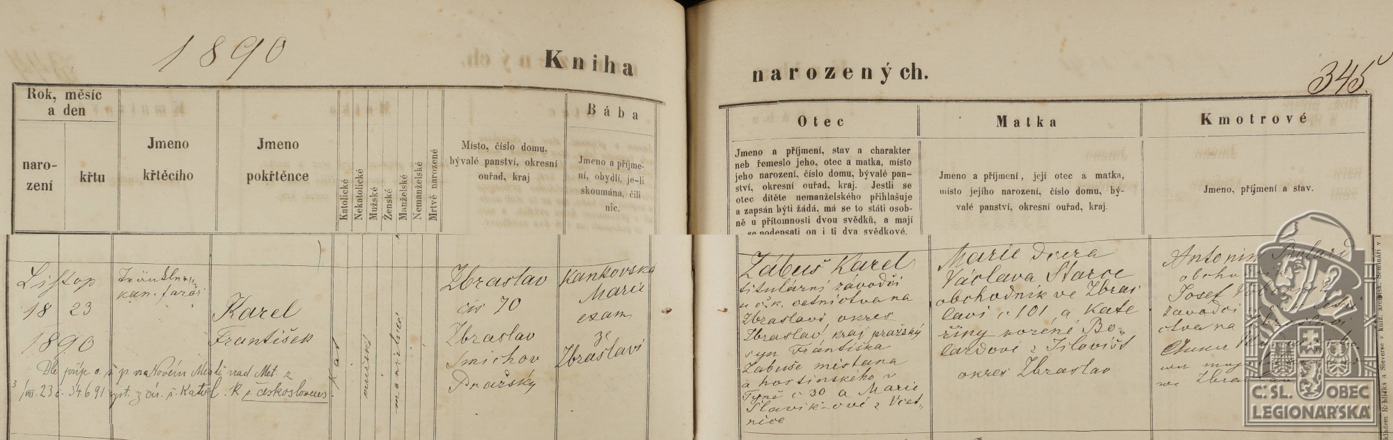 Matrika narozených Zbraslav XVI, fol. 345 (AHMP) (125879.600)