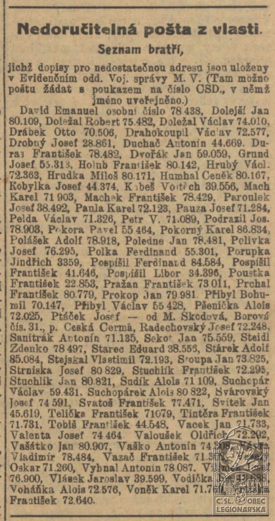 Nedoručitelná pošta z vlasti (Československý denník 16.7.1919)(DSMO) (126720.608)