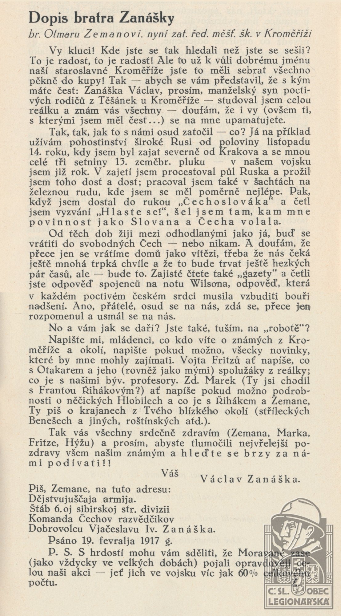 Dopis Bratra Zanášky br. Otmaru Zemanovi, 19.2.1917 (HORÁK, R. O hrdinném bratru Václavu Zanáškovi... Kroměříž, 1938) (126817.610)