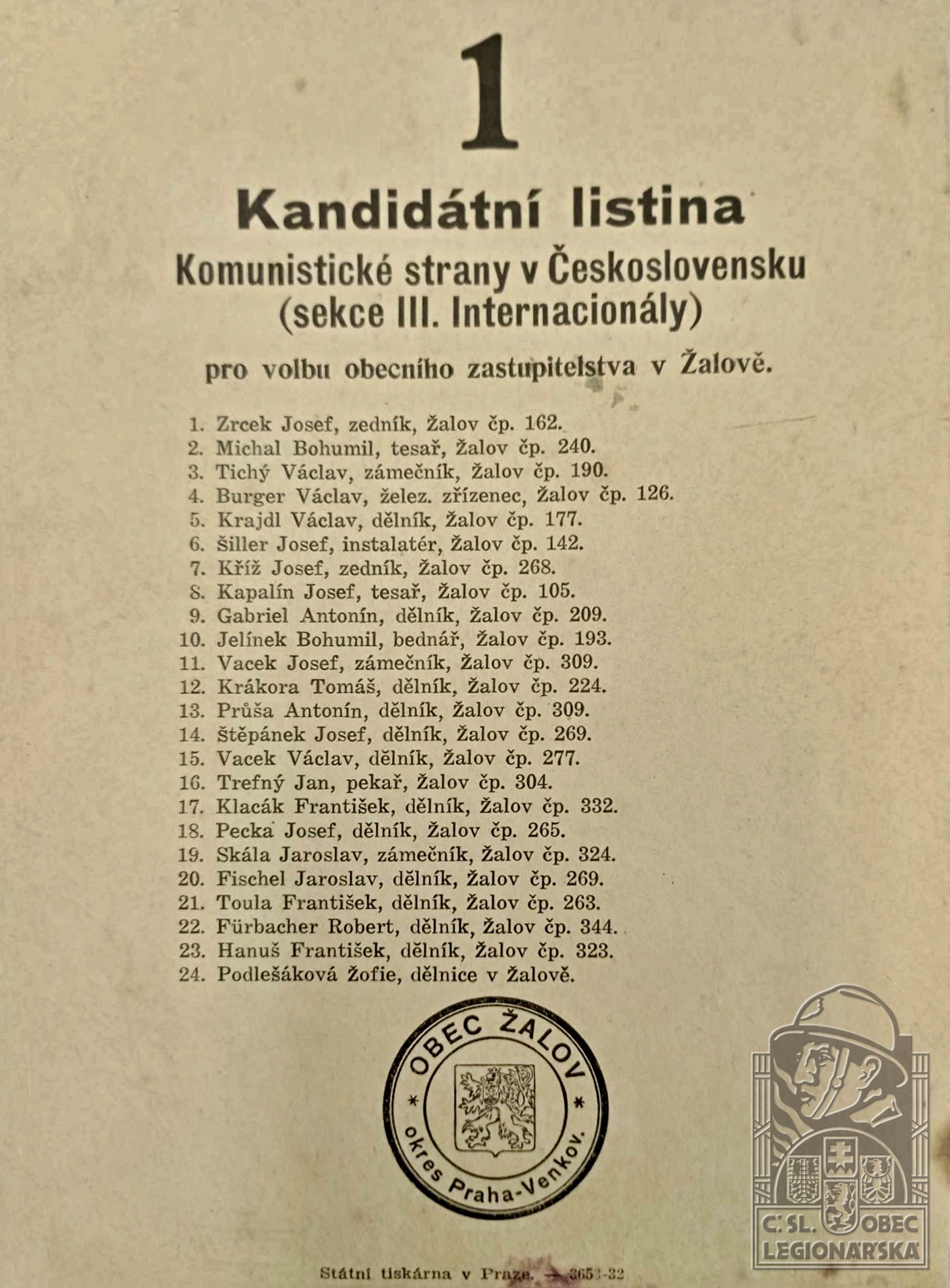 Kandidátní listina KSČ, obec Žalov (Středočeské muzeum v Roztokách u Prahy) (128776.630)