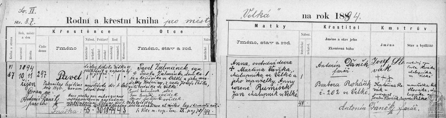 Matrika narozených Velká nad Veličkou 5902, fol. 87 (MZA) (130308.600)
