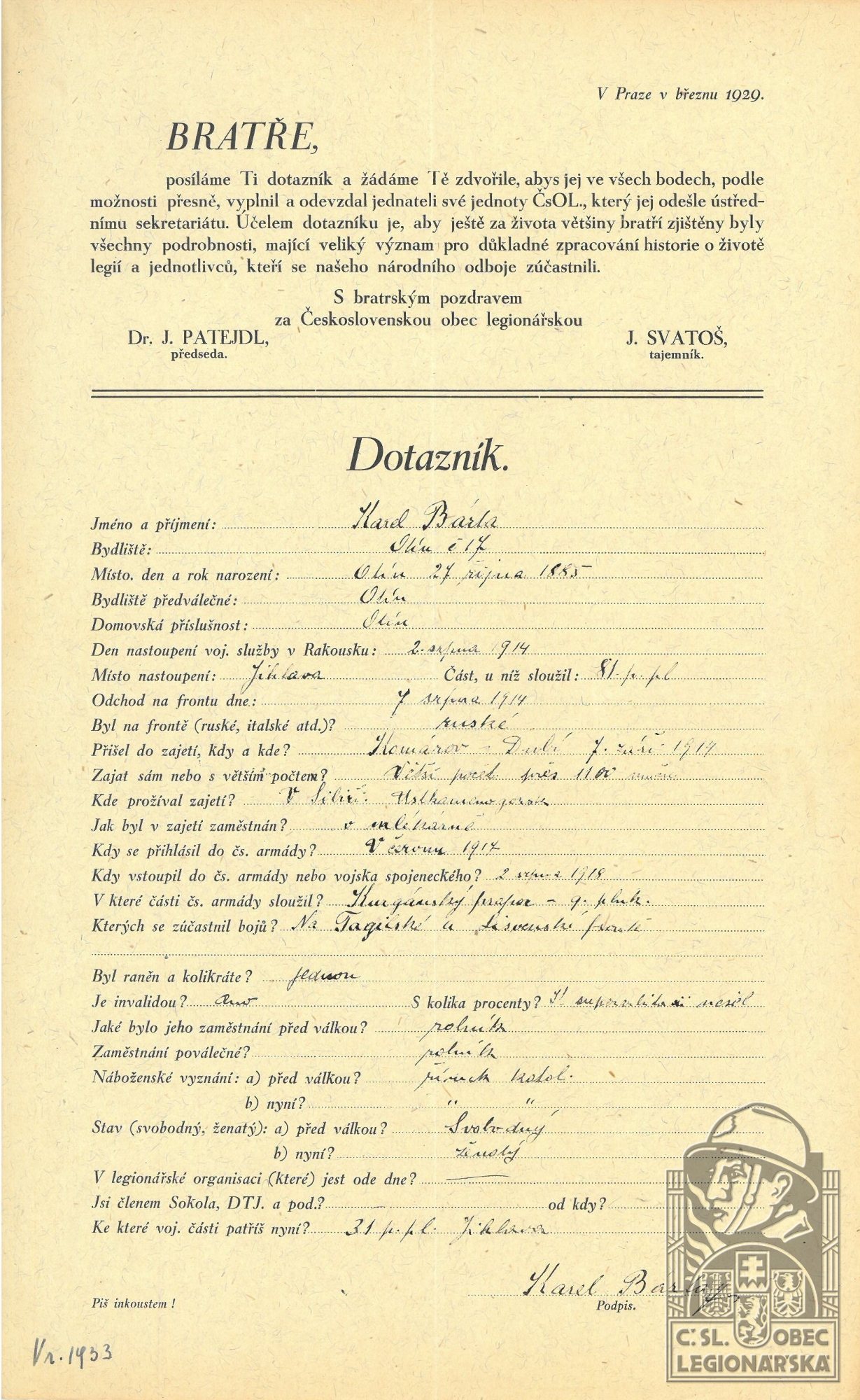 Dotazník ČsOL (Muzeum Velké Meziříčí, fond A9-1)