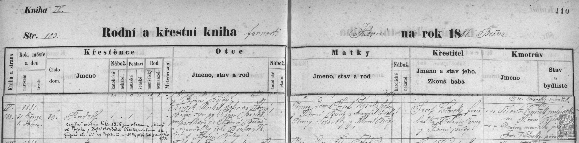 Matrika narozených Horní Bečva inv. č. 2239, fol. 110 (ZAO) (13455.600)