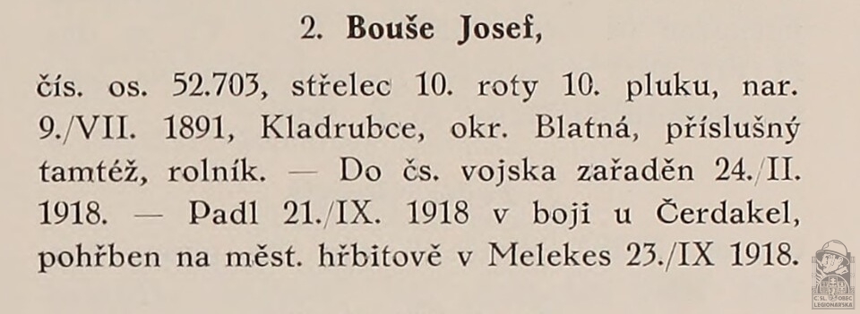 Padlý v boji(PRAŽSKÝ-SLAVKOVSKÝ, F.I. Dějiny pěšího pluku 10 Jana Sladkého Koziny. Brno, 1927)(DSMO)