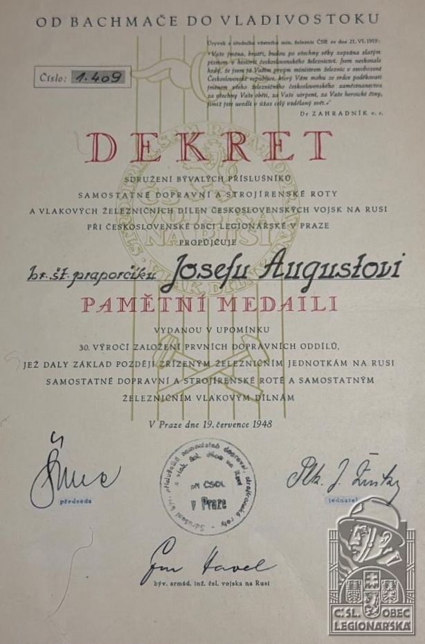 Dekret k Pamětní medaili strojírenské roty Čs. vojska na Rusi