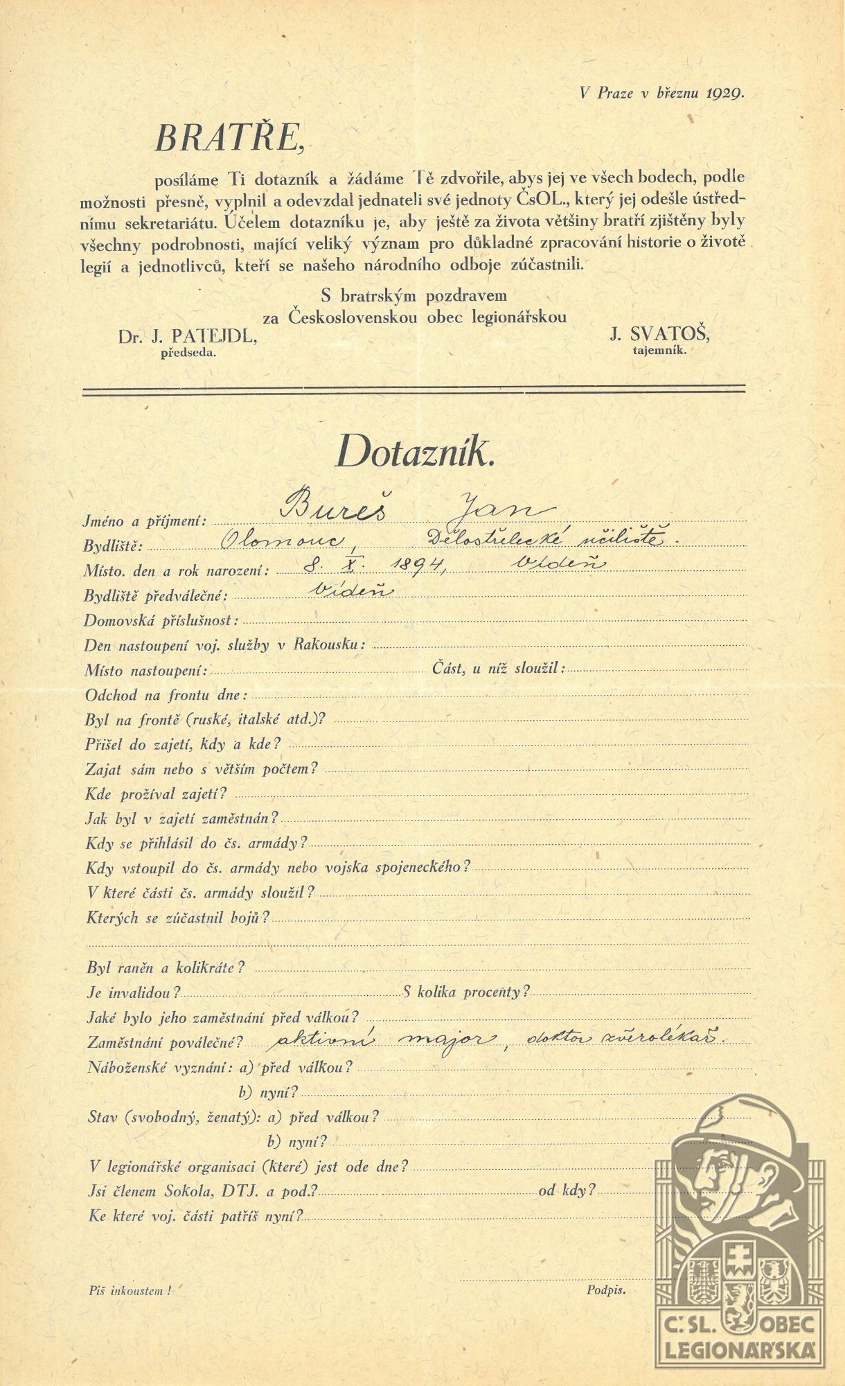 Dotazník ČsOL (Muzeum Velké Meziříčí, fond A9-1)