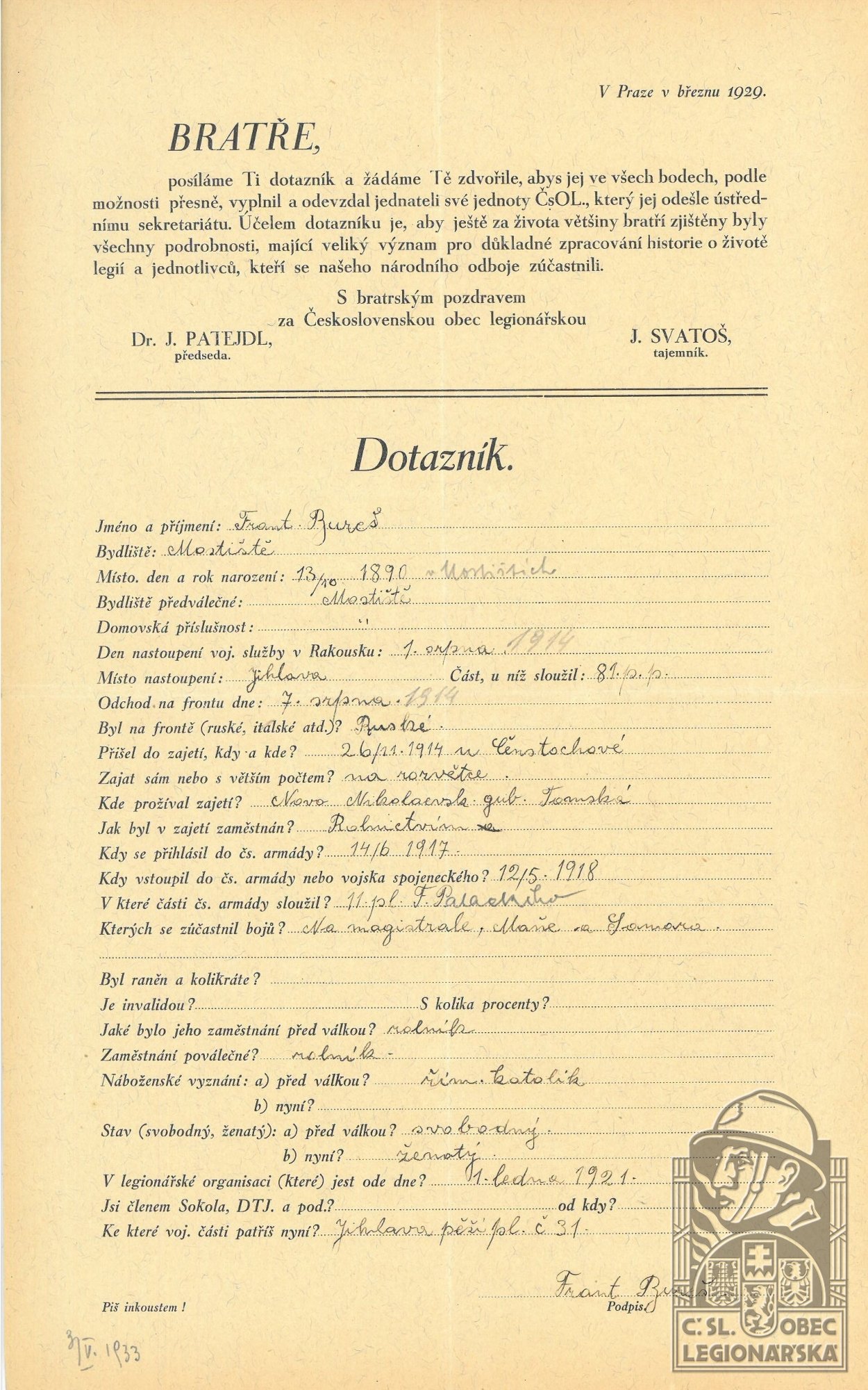 Dotazník ČsOL (Muzeum Velké Meziříčí, fond A9-1)