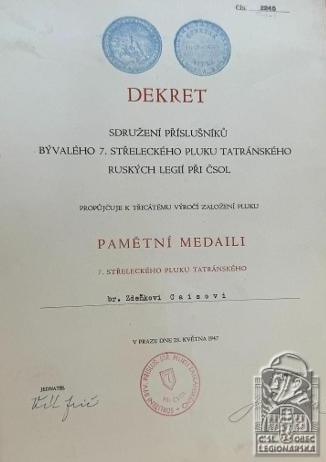 Dekret k Pamětní medaili 7. sřl. pl.
