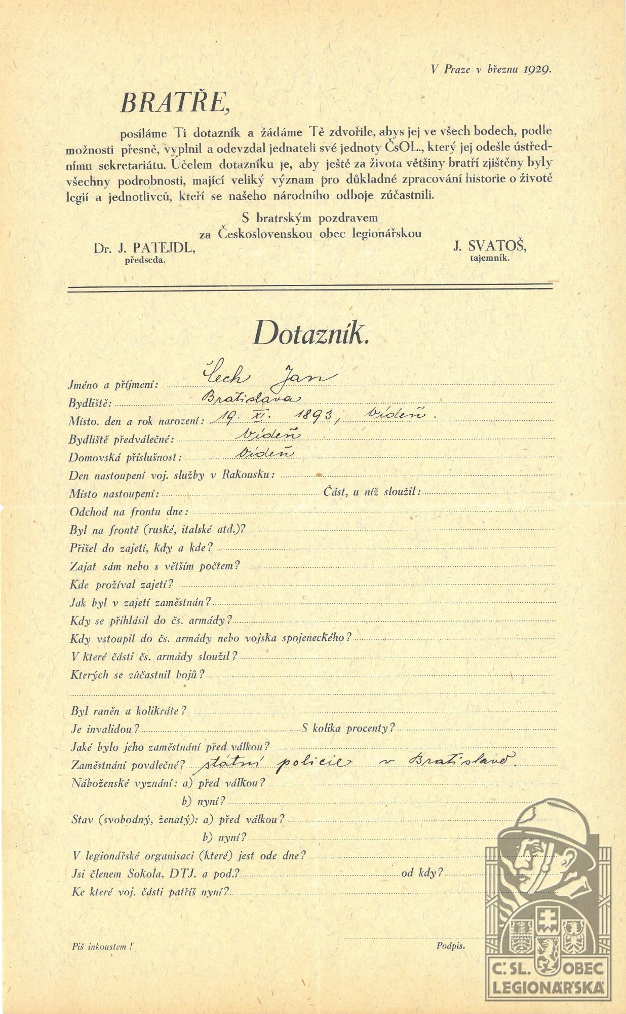 Dotazník ČsOL (Muzeum Velké Meziříčí, fond A9-1)