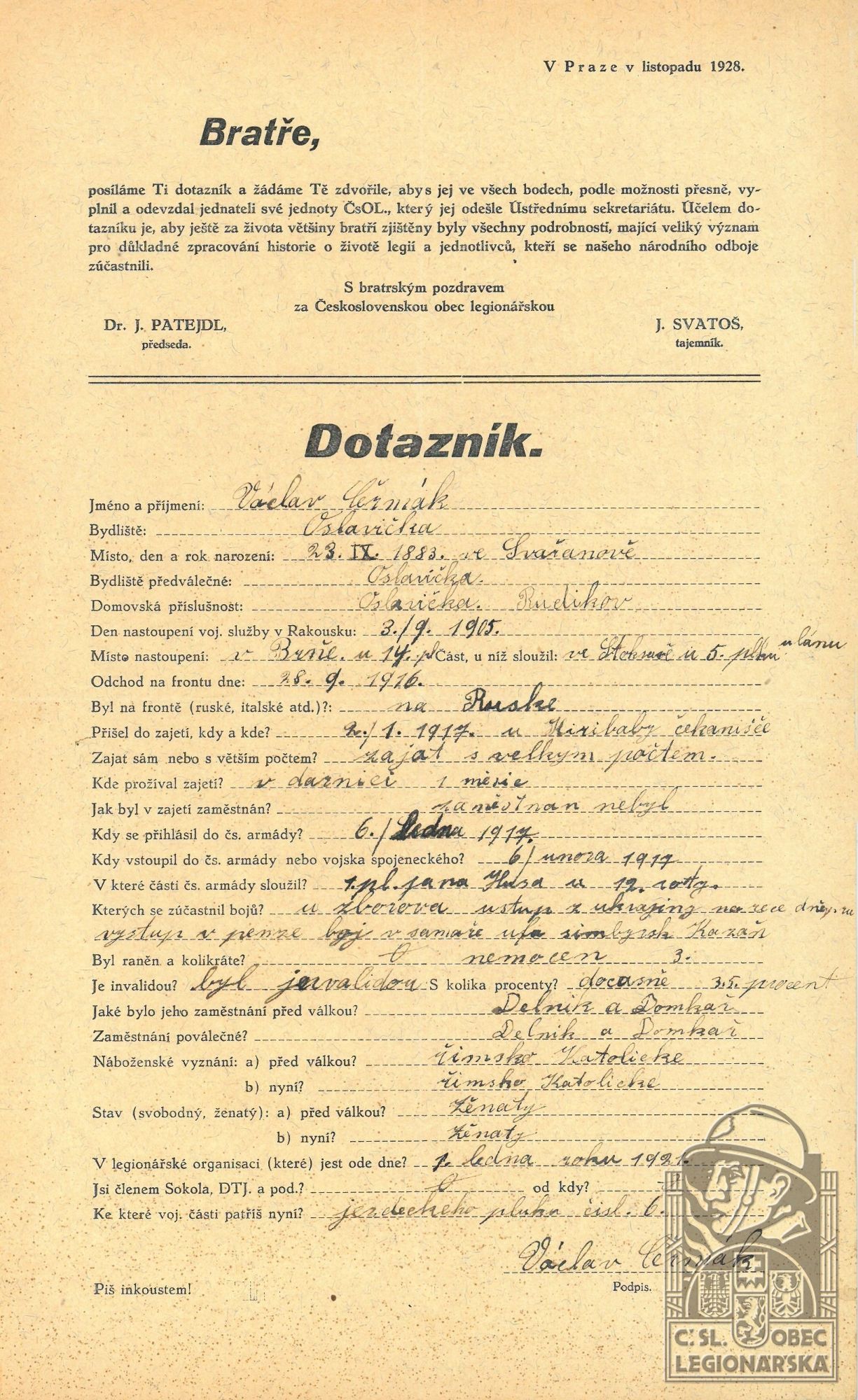 Dotazník ČsOL (Muzeum Velké Meziříčí, fond A9-1)