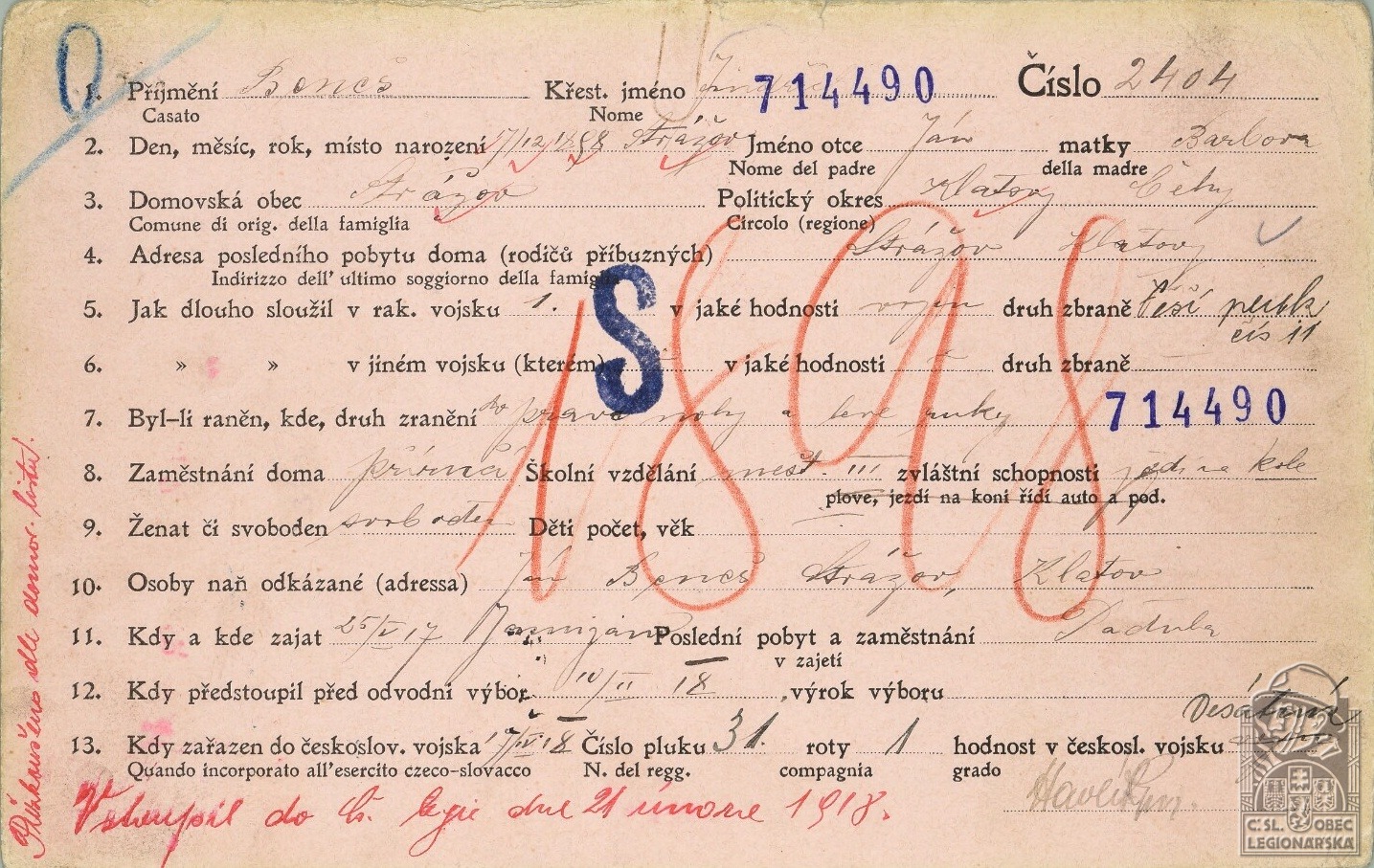 Karta legionáře (Kartotéka italských legionářů)(DSMO)