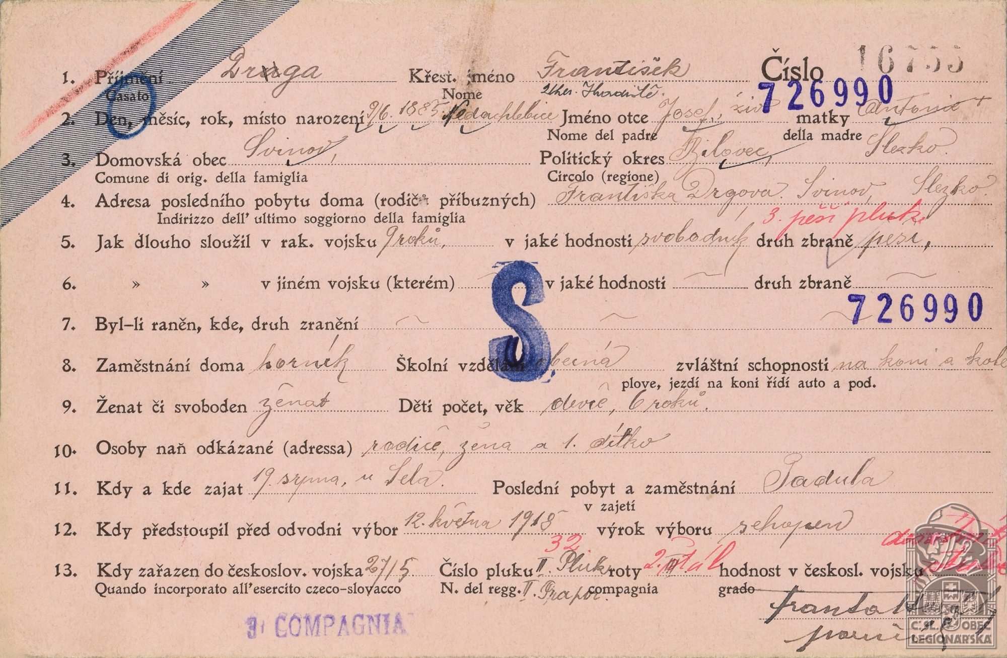 Karta legionáře (Kartotéka italských legionářů)(DSMO)