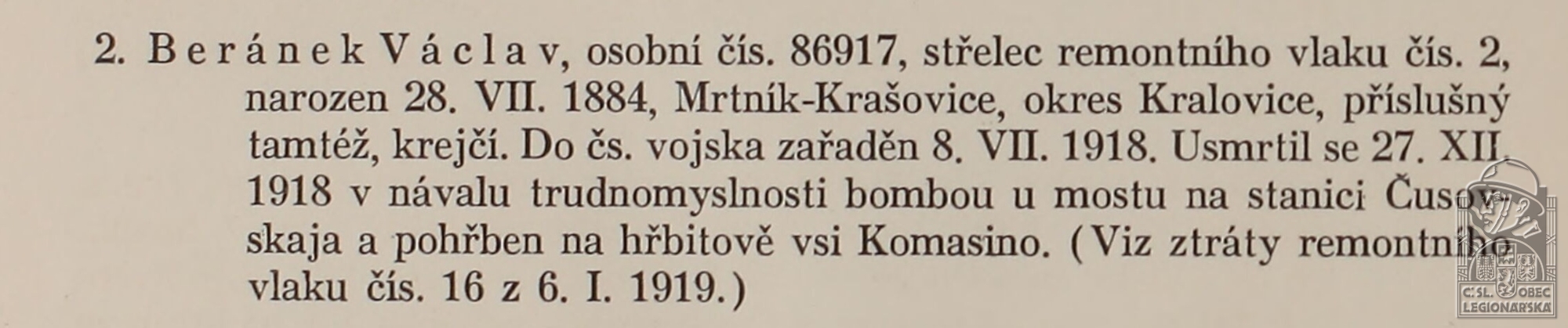 Zemřelí v Rusku (PRÁŠEK, V. 2. samostatná technická rota 2. čs. střel. divise. Praha- 1937) (DSMO)