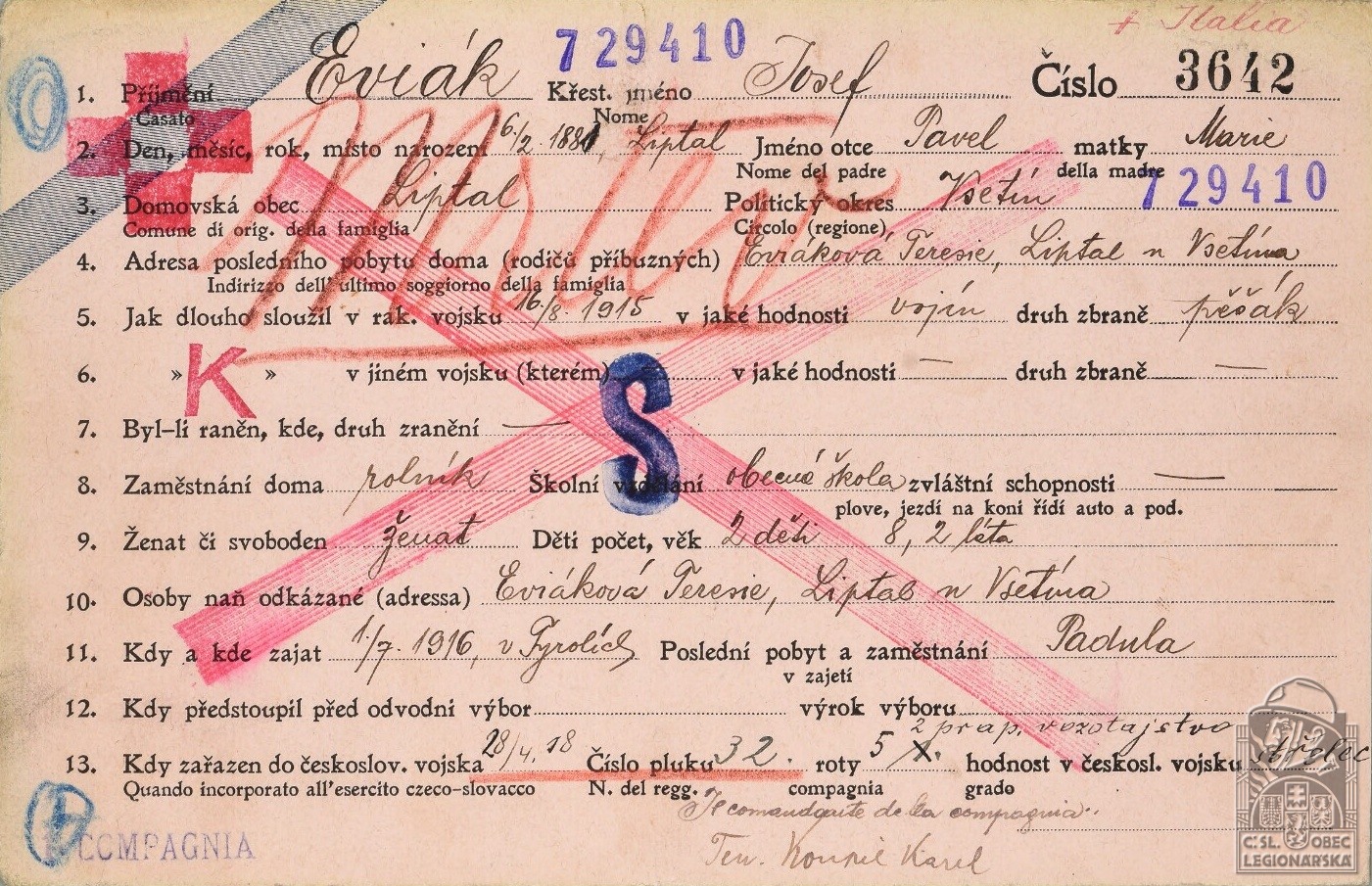 Karta legionáře (Kartotéka italských legionářů)(DSMO) (21285.600)