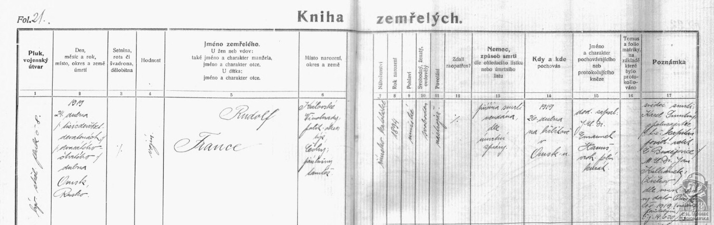 Matriky zemřelých pěšího pluku 5 a předchůdců. 1914-1922. sv. 2, fol. 21 (DSMO)