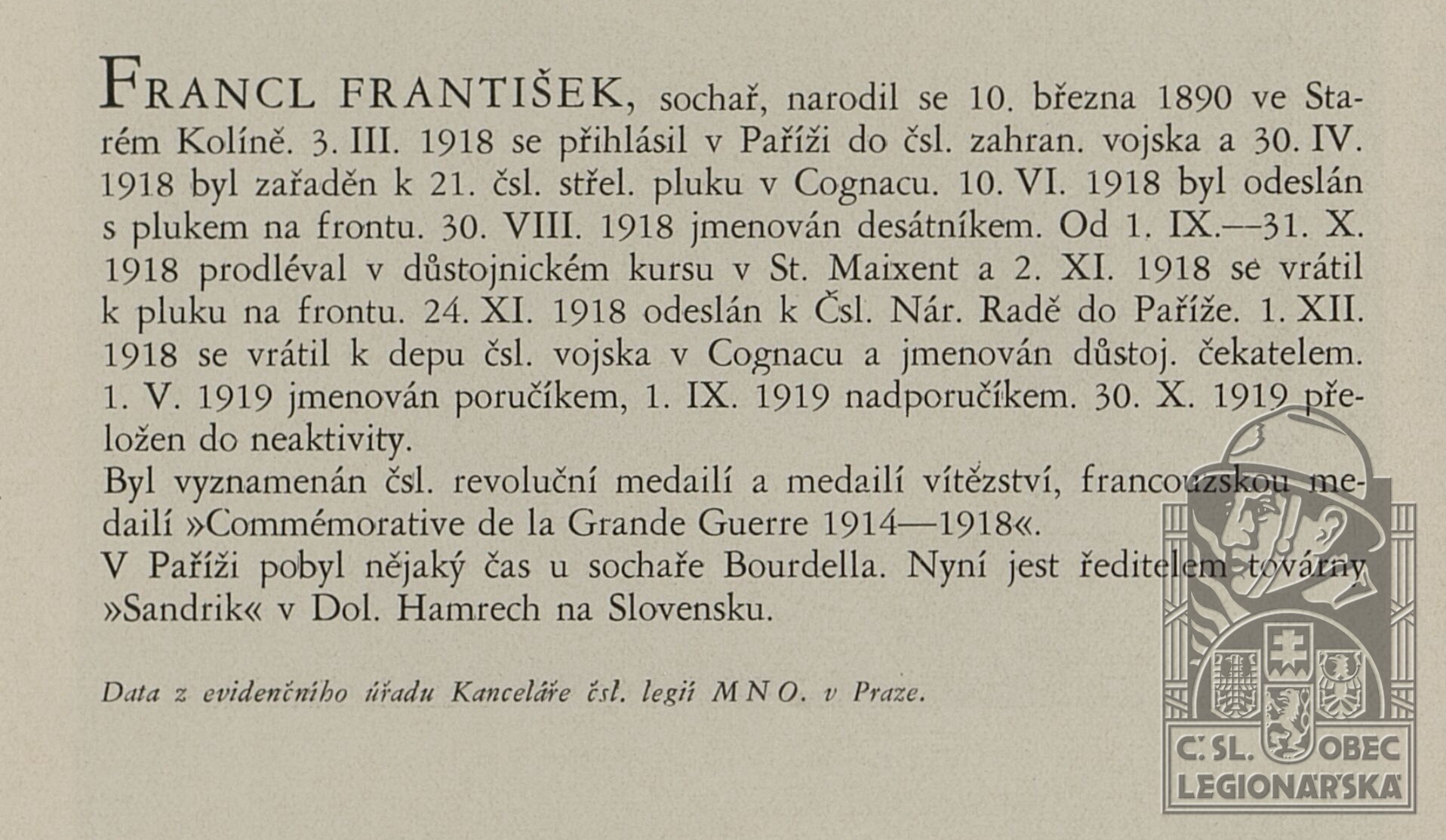 Medailonek (DĚJEV, Platon. Výtvarníci legionáři. 1937) (22644.600)