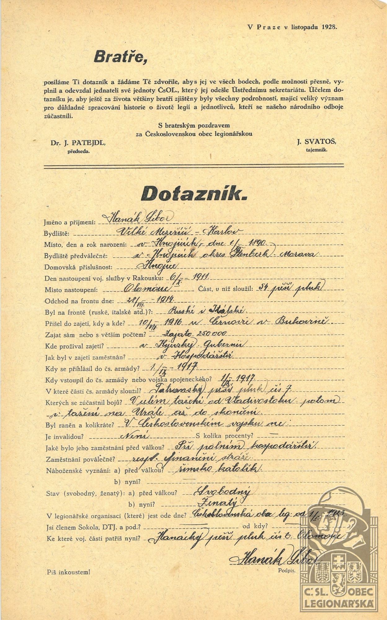 Dotazník ČsOL (Muzeum Velké Meziříčí, fond A9-1) (23645.600)