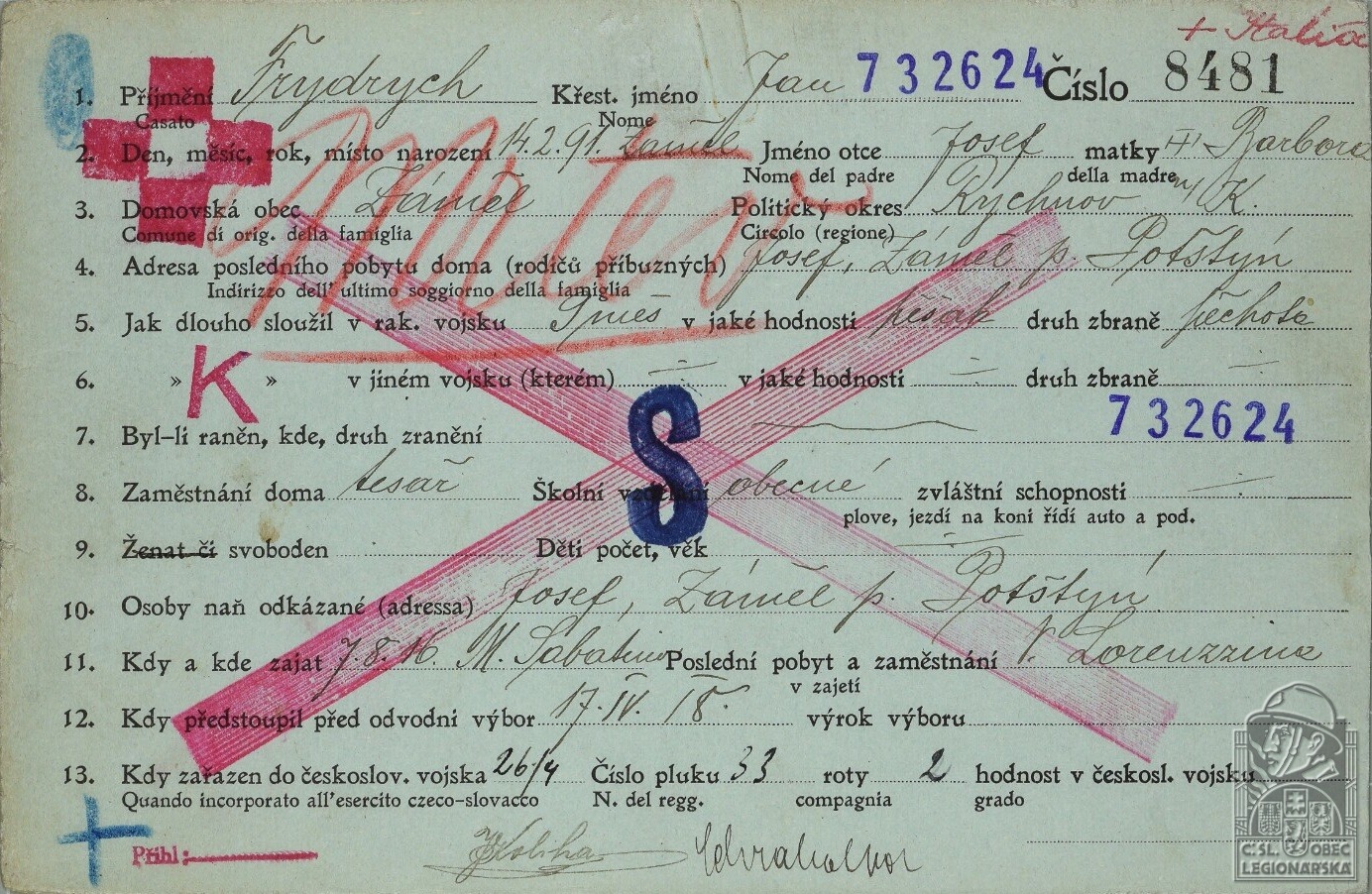 Karta legionáře (Kartotéka italských legionářů)(DSMO) (25329.600)