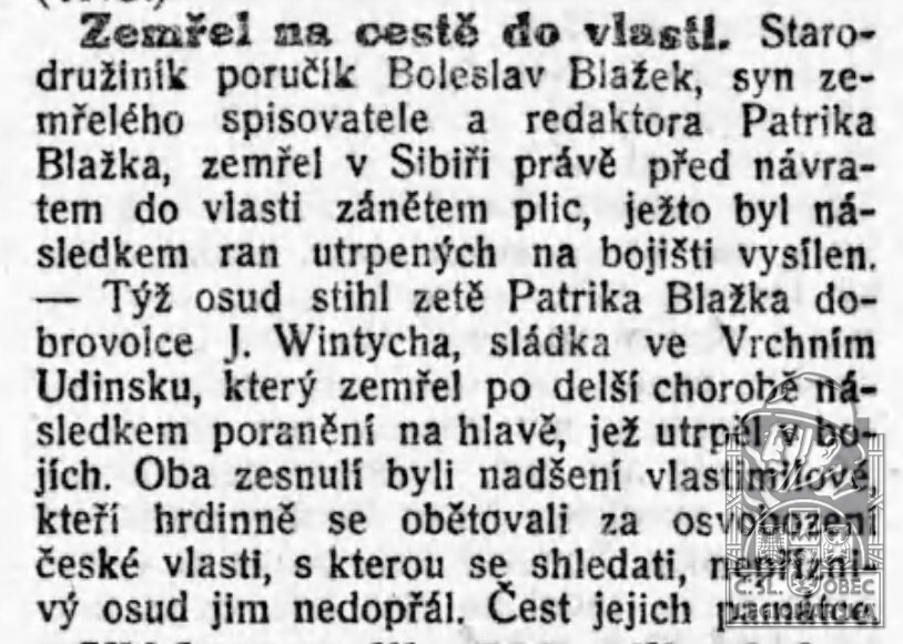 Zemřel na cestě do vlasti (Družina československých legionářů. Praha- Družina československých legionářů z 14.5.1920)