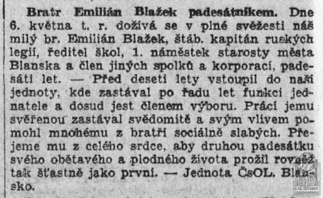 Bratr Emilián Blažek padesátníkem (Národní osvobození 7.5.1931)(DSMO)