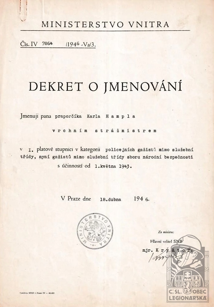 Dekret o jmenování vrchním strážmistrem