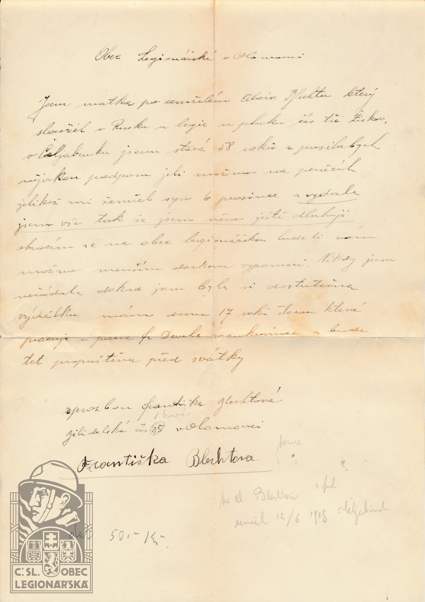 Žádost vdovy o podporu SOkA Olomouc