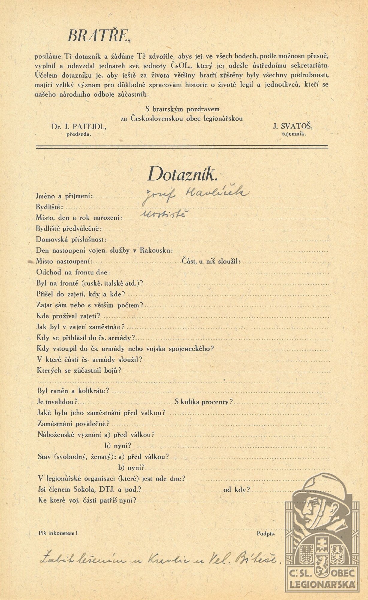 Dotazník ČsOL (Muzeum Velké Meziříčí, fond A9-1)