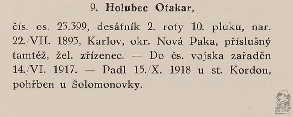 Padlý v boji(PRAŽSKÝ-SLAVKOVSKÝ, F.I. Dějiny pěšího pluku 10 Jana Sladkého Koziny. Brno, 1927)(DSMO)