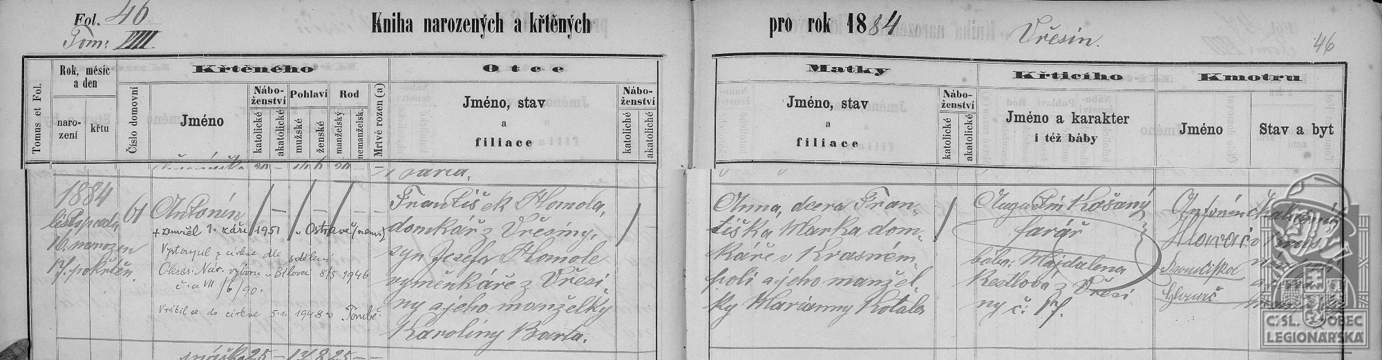 Matrika narozených Vřesín 1884 Tom VIII, fol. 46