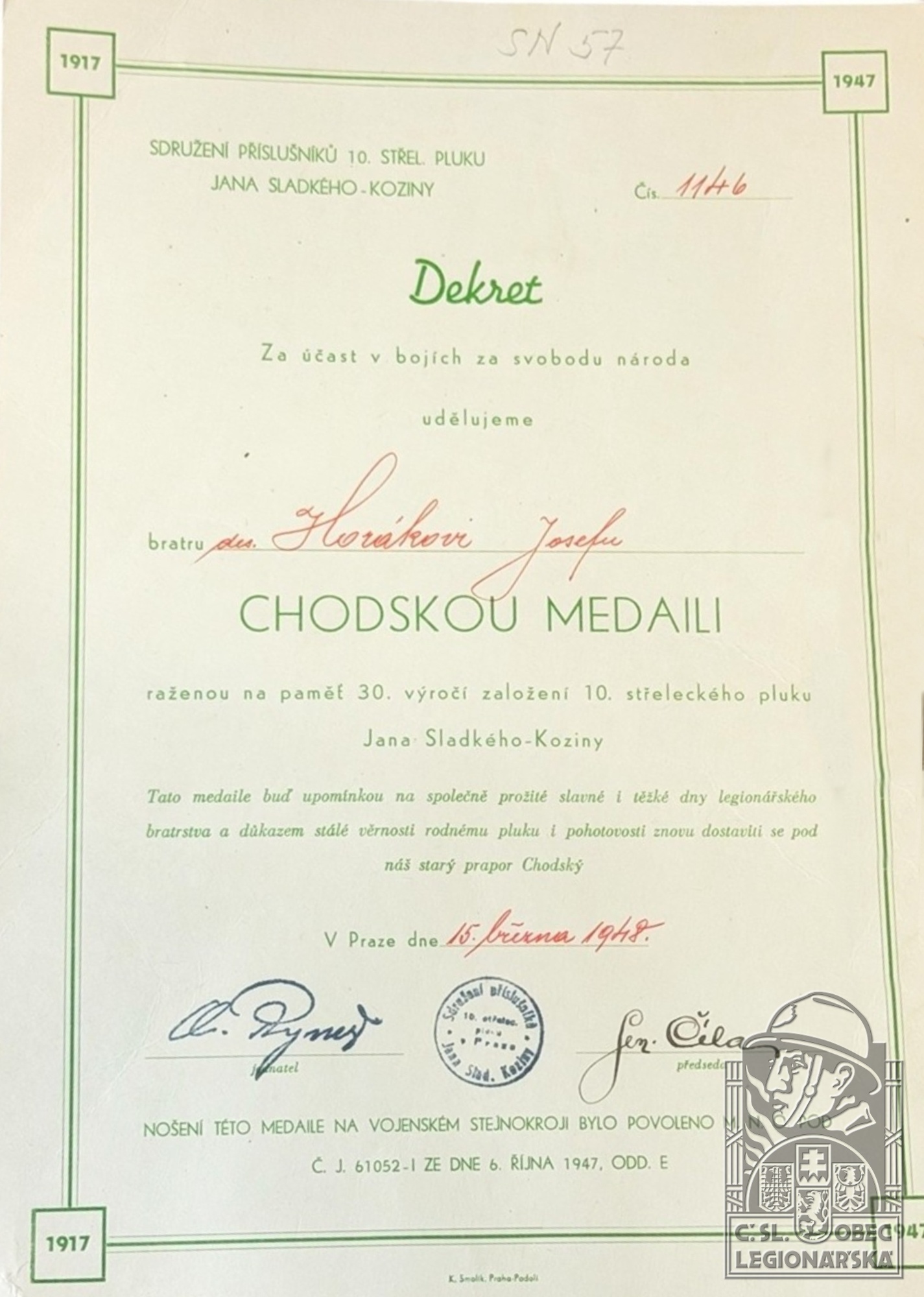 Dekret k Chodské medaili (28400.600)