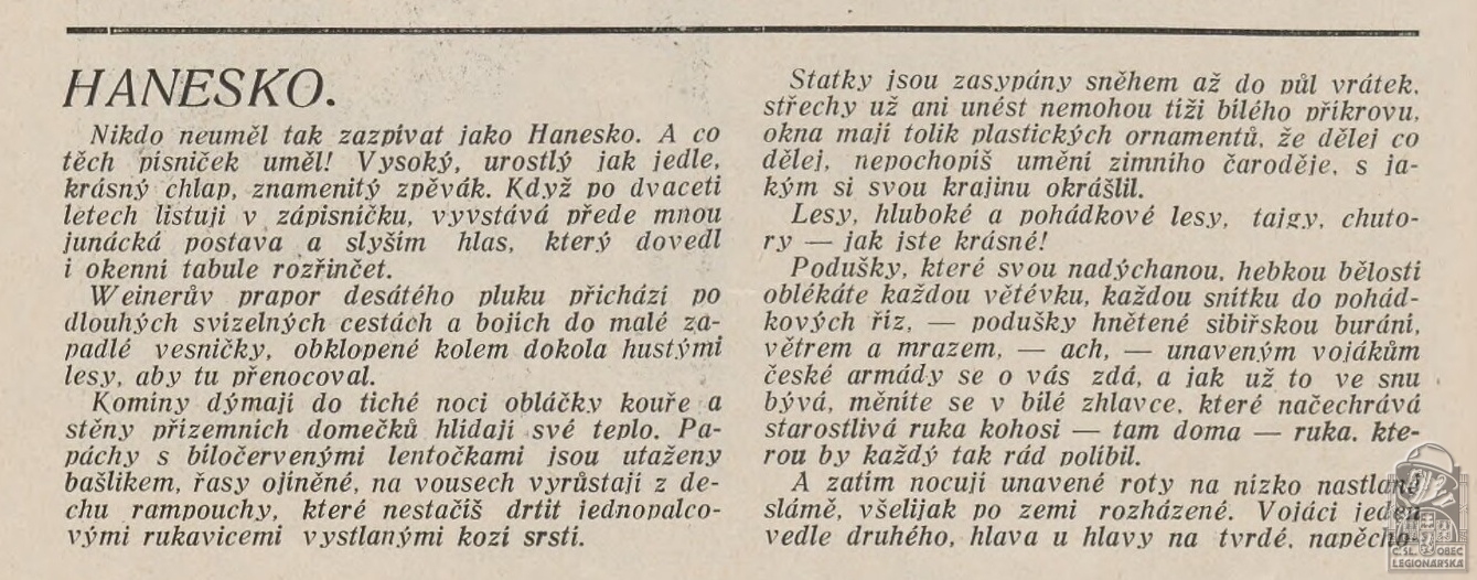 CHRUDINA, Jaroslav. Hanesko (Naše vojsko 15.6.1938)(DSMO)