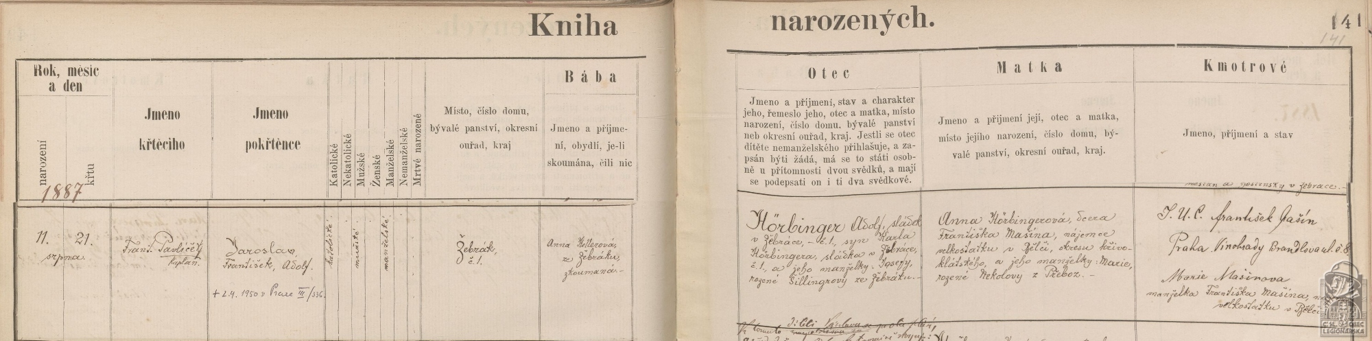 Matrika narozených Žebrák 23, fol. 141 (SOA Praha)
