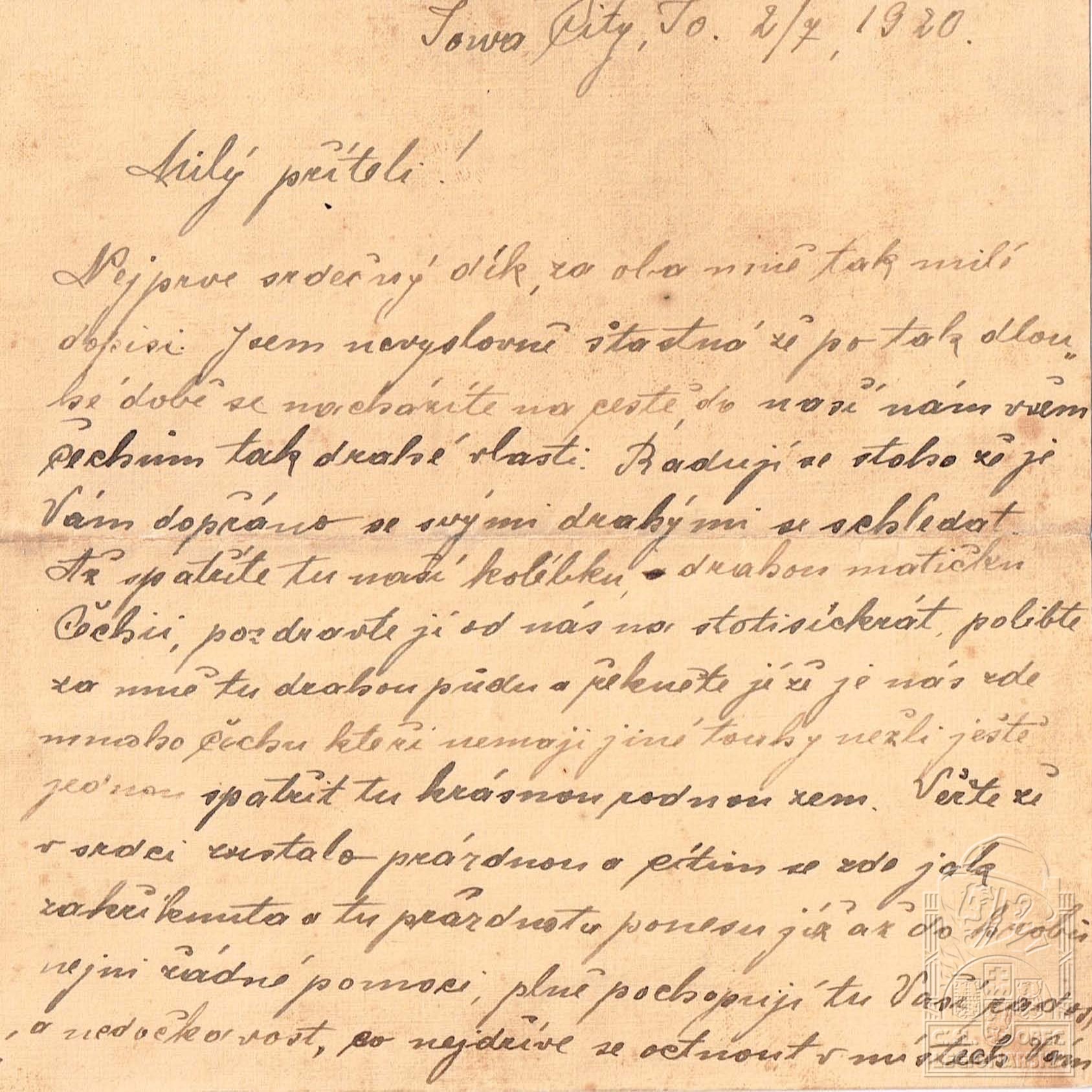 Dopis od Bohumila Hruška 1920