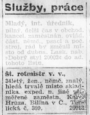Inzerce - Služby, práce (Národní osvobození 16.3.1929)(DSMO)