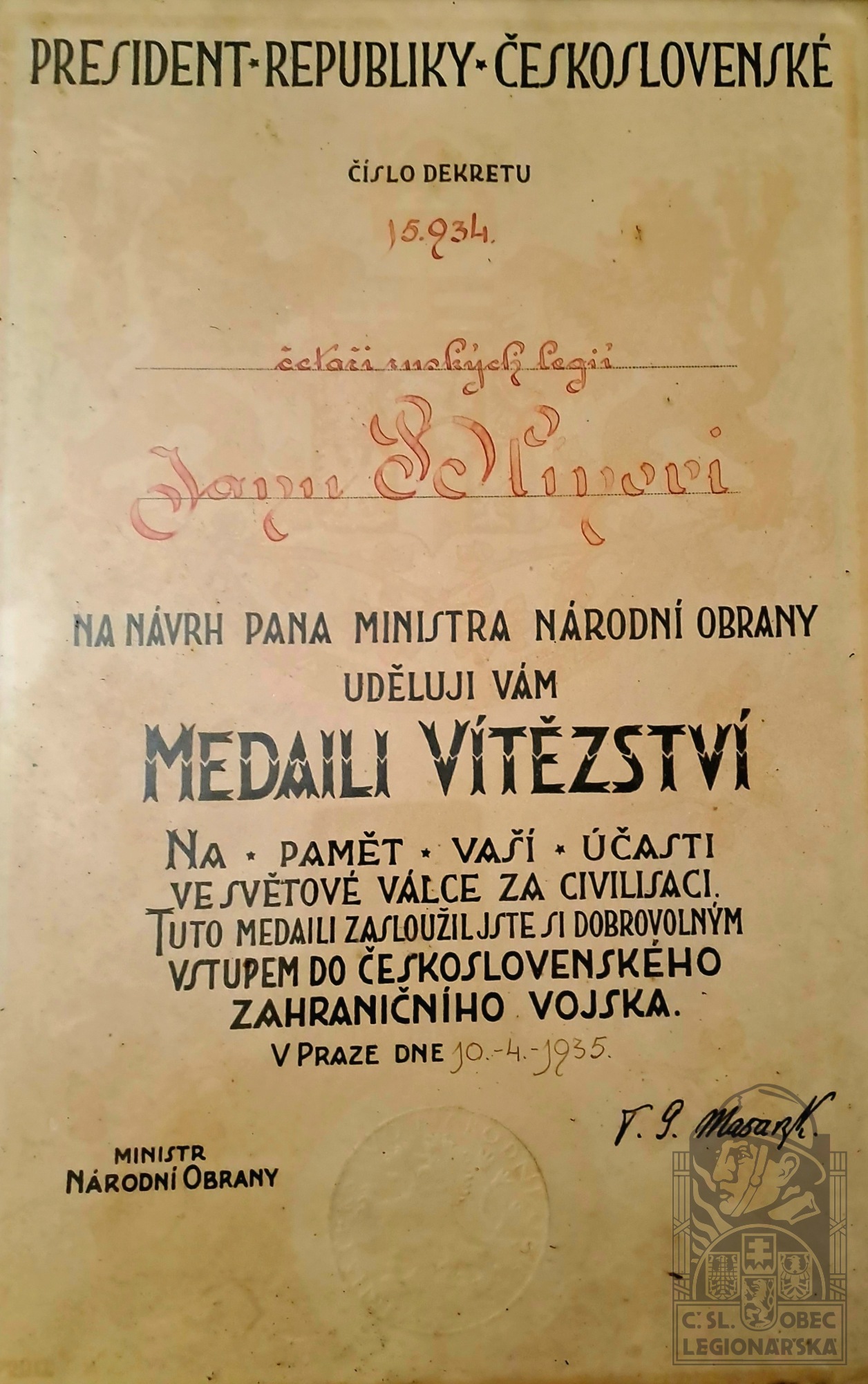 Dekret - medaile vítězství