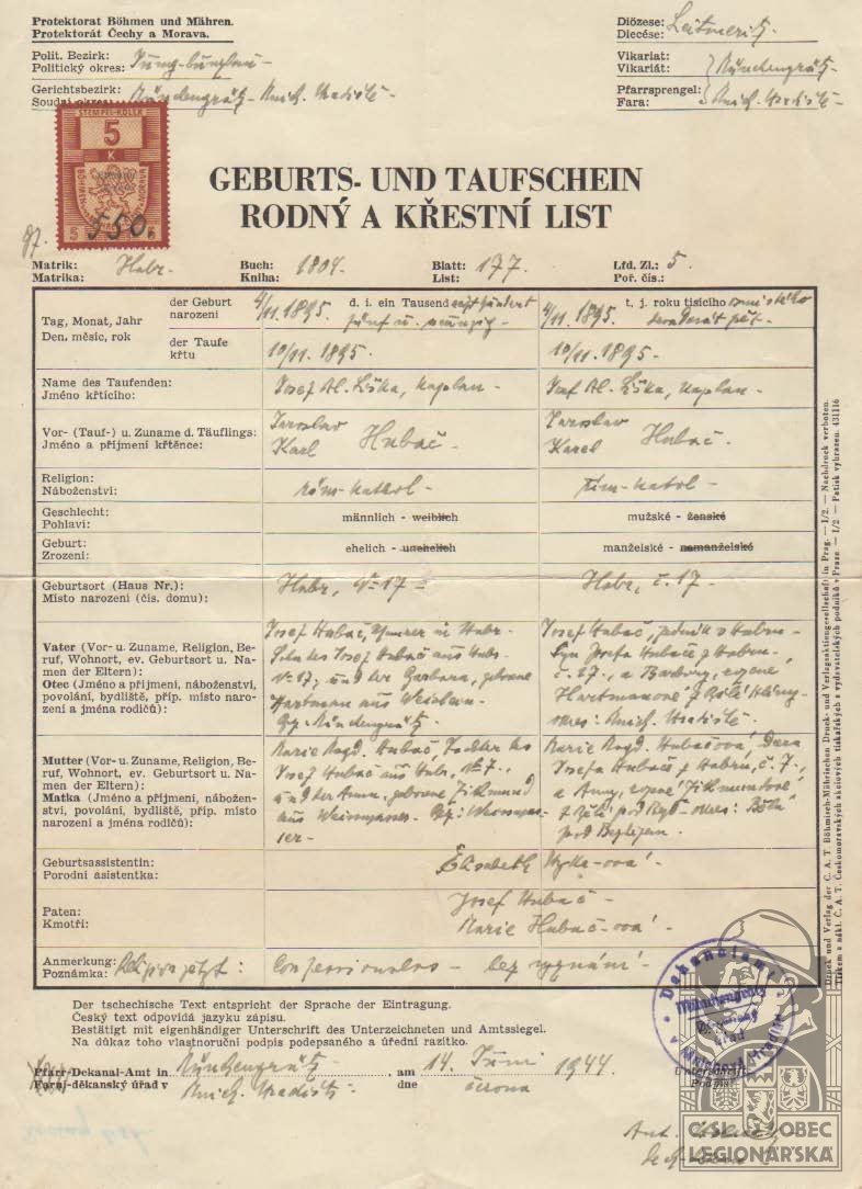 Rodný list Jaroslav Hubač 1895