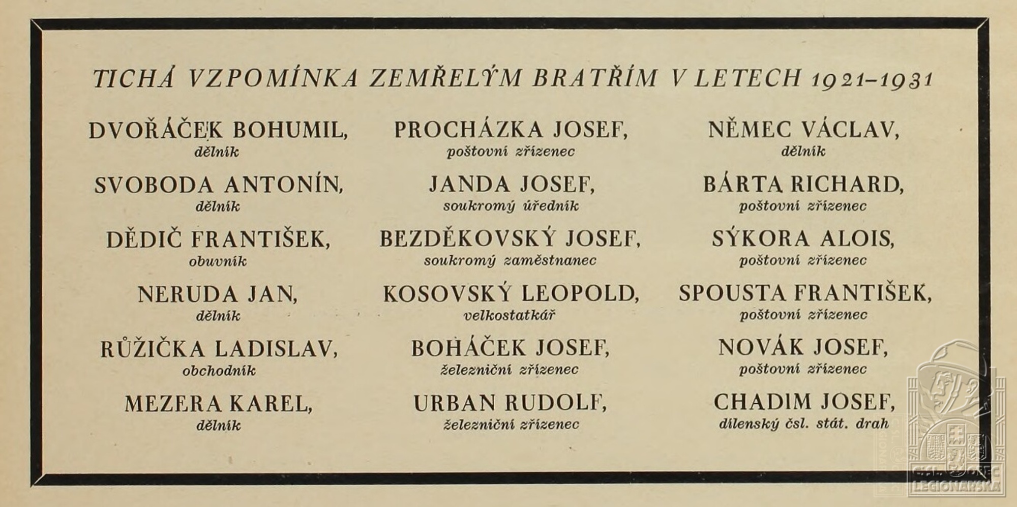  Vzpomínka na zemřelé v knize Pamětní list okresní jednoty Čsl. obce legionářské v Jihlavě 1921-1931