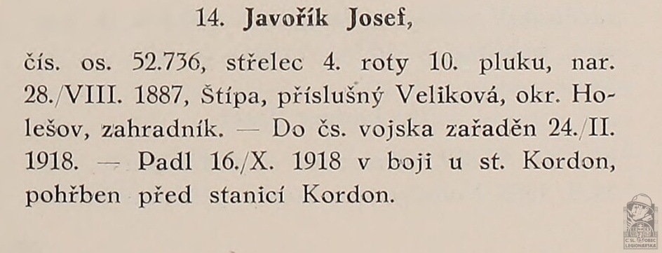 Padlý v boji(PRAŽSKÝ-SLAVKOVSKÝ, F.I. Dějiny pěšího pluku 10 Jana Sladkého Koziny. Brno, 1927)(DSMO) (1)