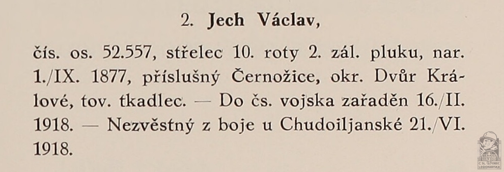 Nezvěstný (PRAŽSKÝ-SLAVKOVSKÝ, F.I. Dějiny pěšího pluku 10 Jana Sladkého Koziny. Brno, 1927)(DSMO)