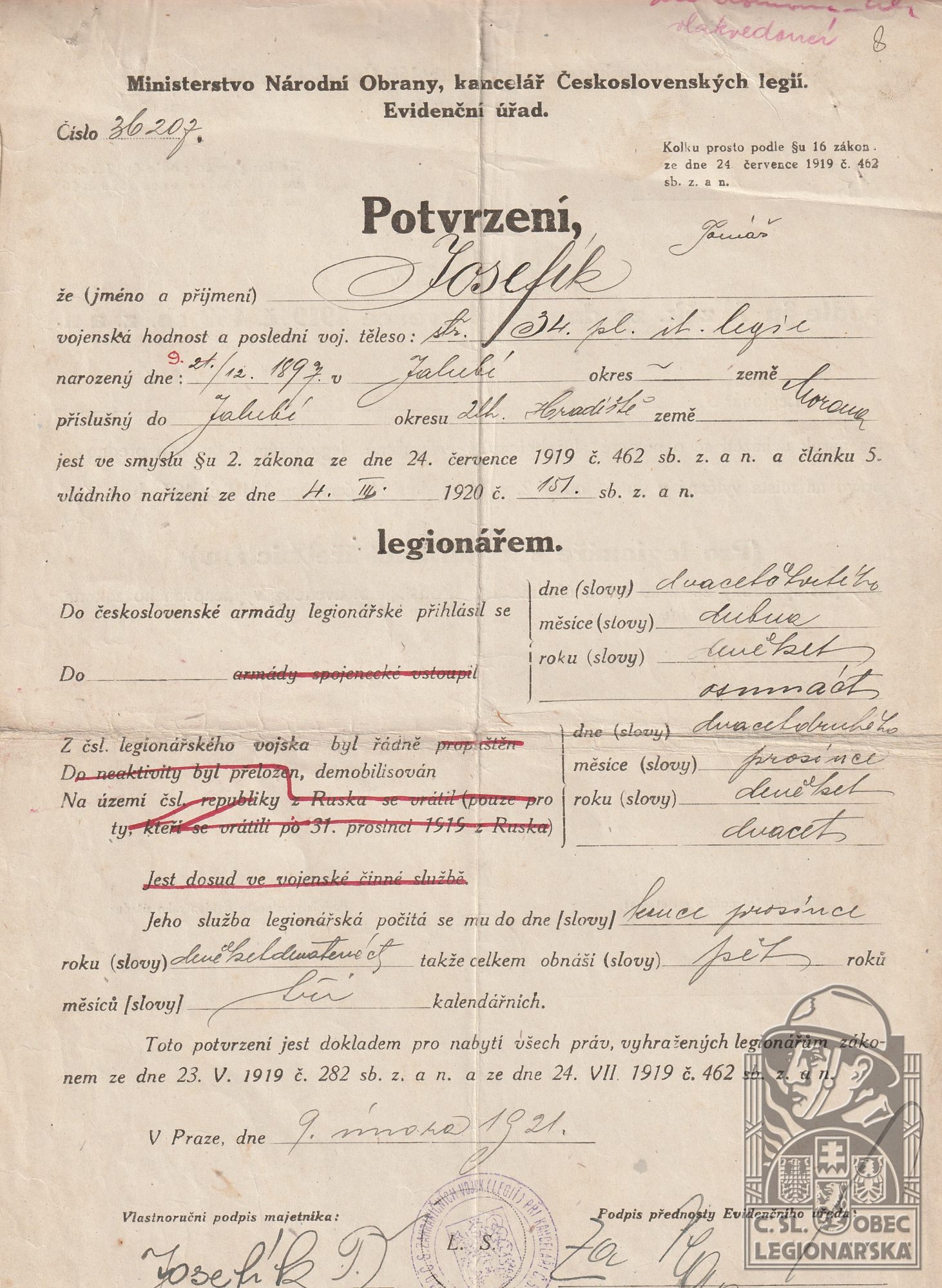 Legionářské potvrzení (36790.605)